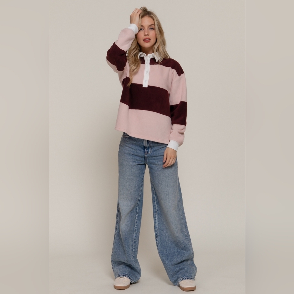 Long Sleeve Rugby Pink Burgandy Striped Fleece Polo Shirt - Picture 3 of 4